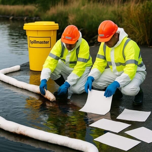 Oil spill cleanup team in action wearing PPE gear – Spillmaster
